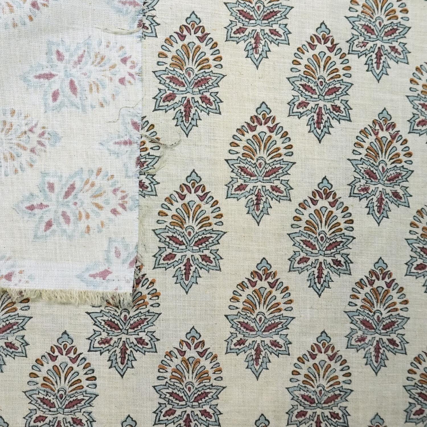 BLOCK PRINT FLORAL FABRIC, LINEN BLEND NATURAL, CURTAIN AND UPHOLSTERY BOHO DECOR - SAMRAAT