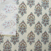 BLOCK PRINT FLORAL FABRIC, LINEN BLEND NATURAL, CURTAIN AND UPHOLSTERY BOHO DECOR - SAMRAAT