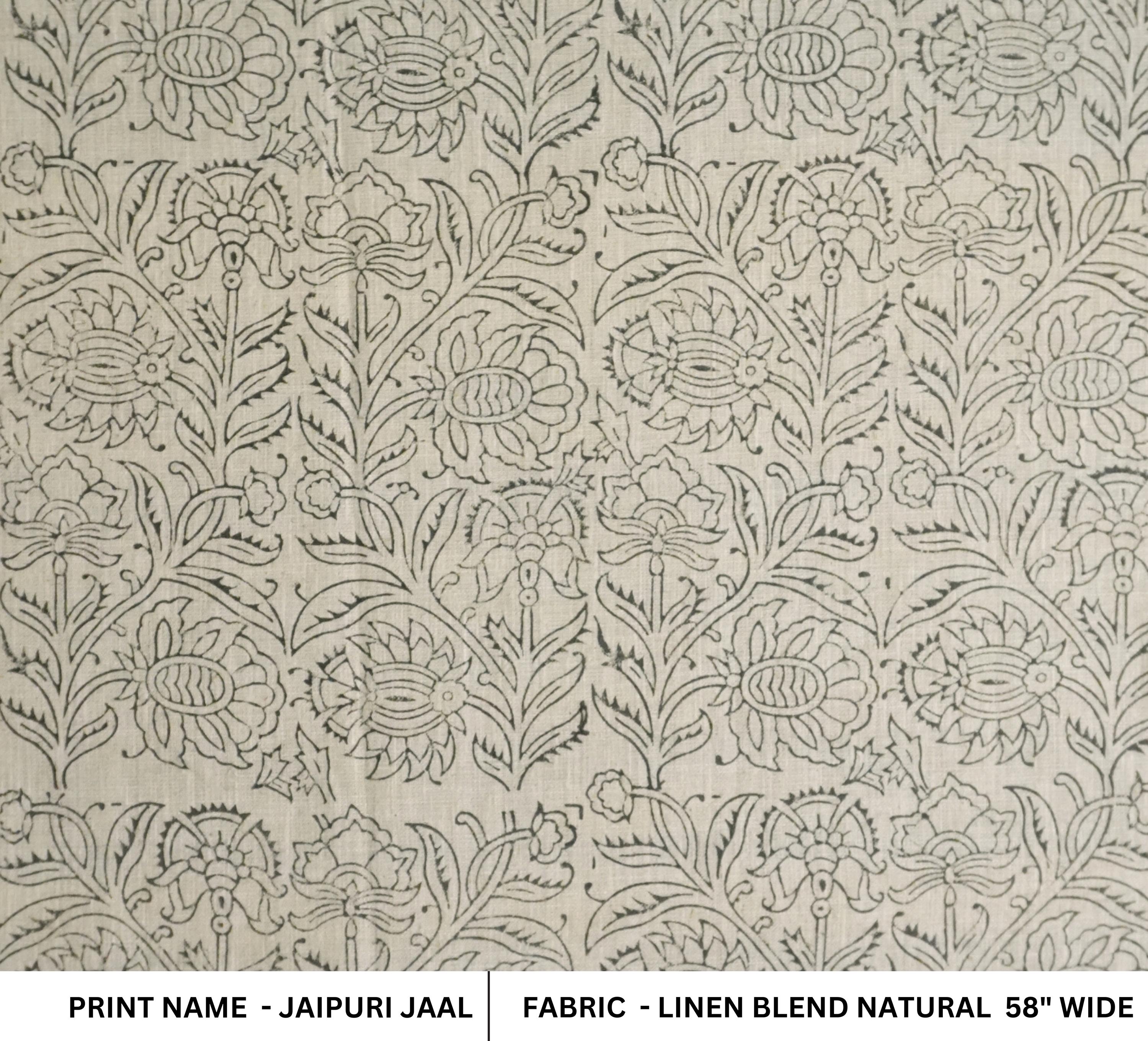 LINEN BLEND NATURAL, HAND BLOCK PRINT FABRIC, INDIAN LINEN TEXTILE - JAIPURI JAAL