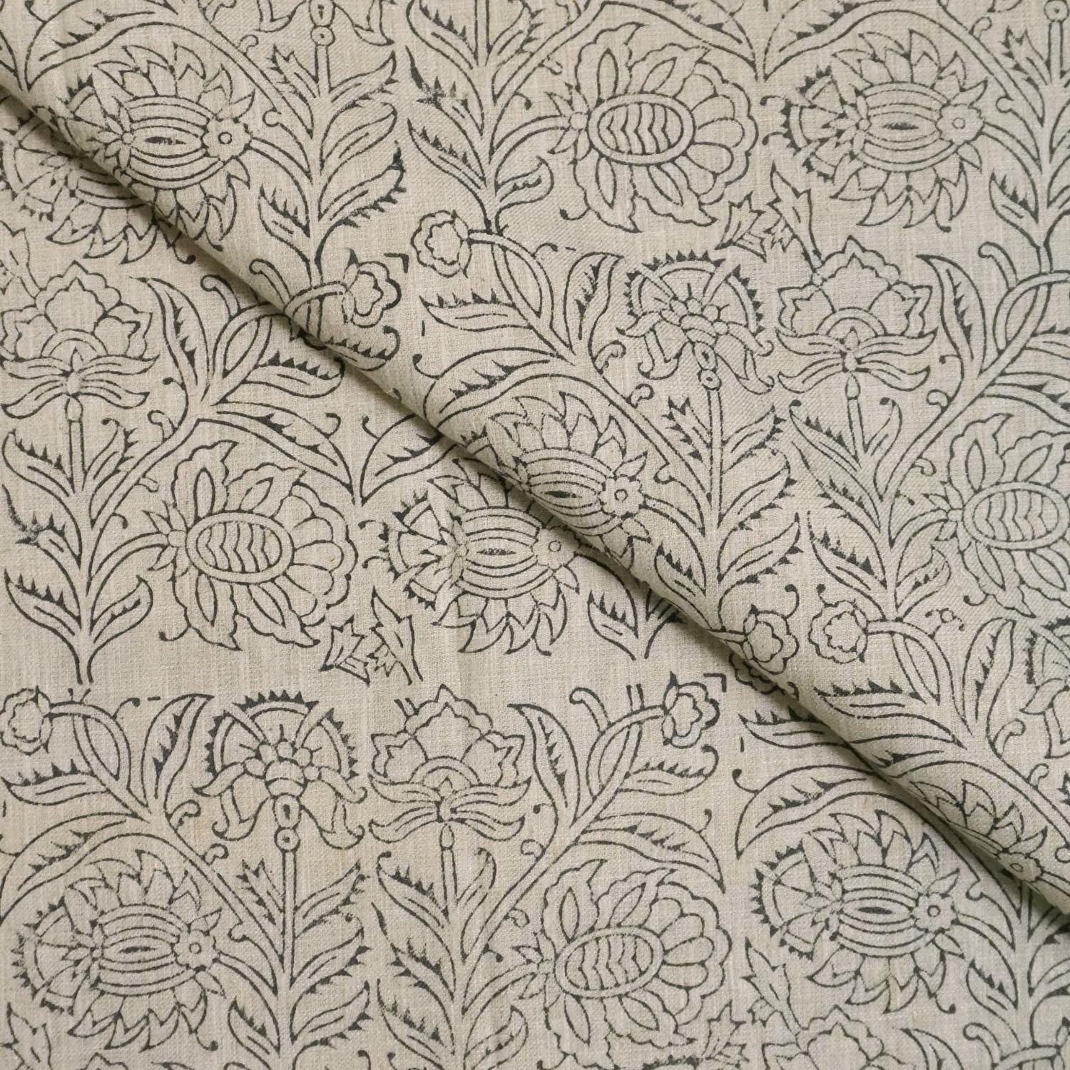 LINEN BLEND NATURAL, HAND BLOCK PRINT FABRIC, INDIAN LINEN TEXTILE - JAIPURI JAAL