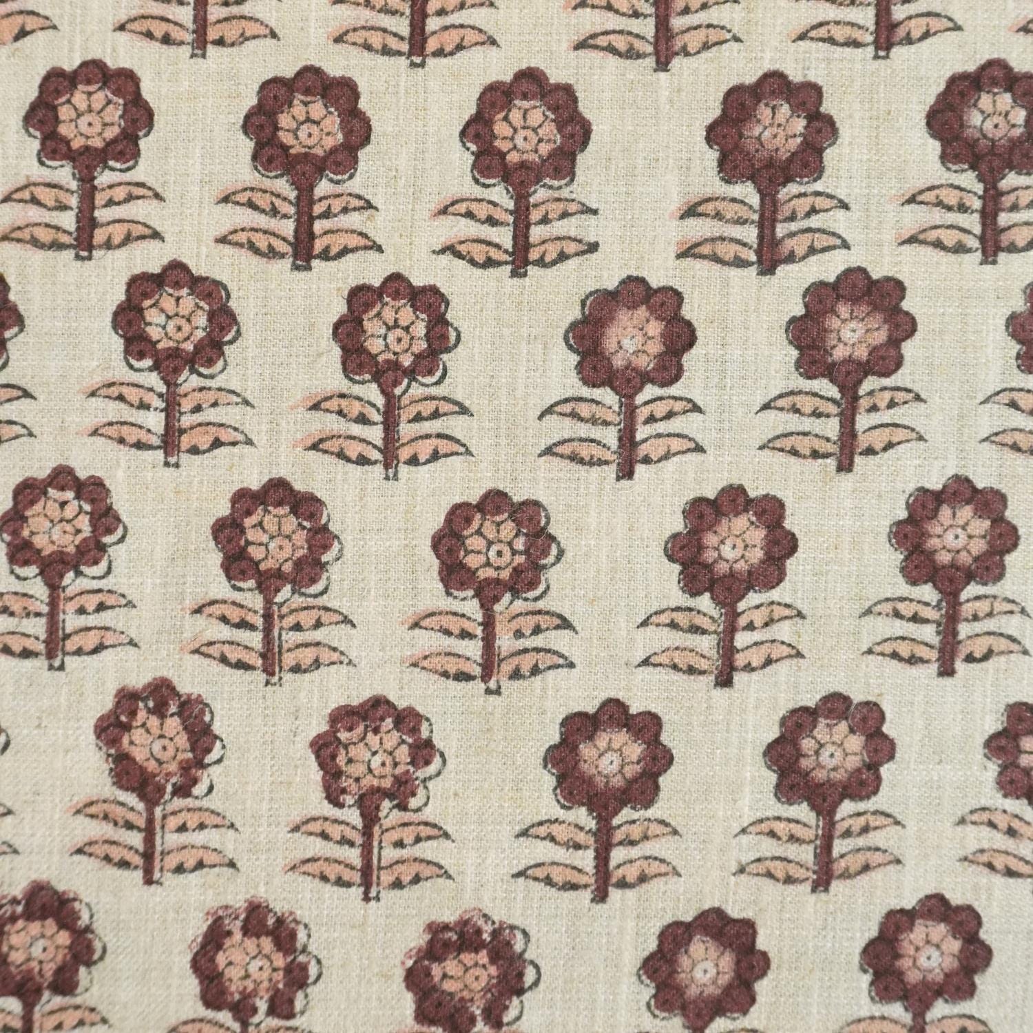 FLORAL PRINT FABRIC, HAND BLOCK PRINT, LINEN BLEND NATURAL, TABLECLOTH, NAPKIN AND CURTAIN - ANAMIKA