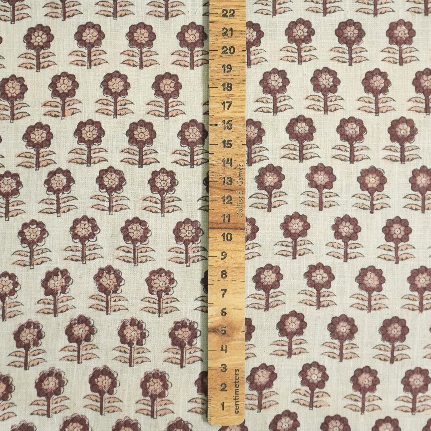 FLORAL PRINT FABRIC, HAND BLOCK PRINT, LINEN BLEND NATURAL, TABLECLOTH, NAPKIN AND CURTAIN - ANAMIKA