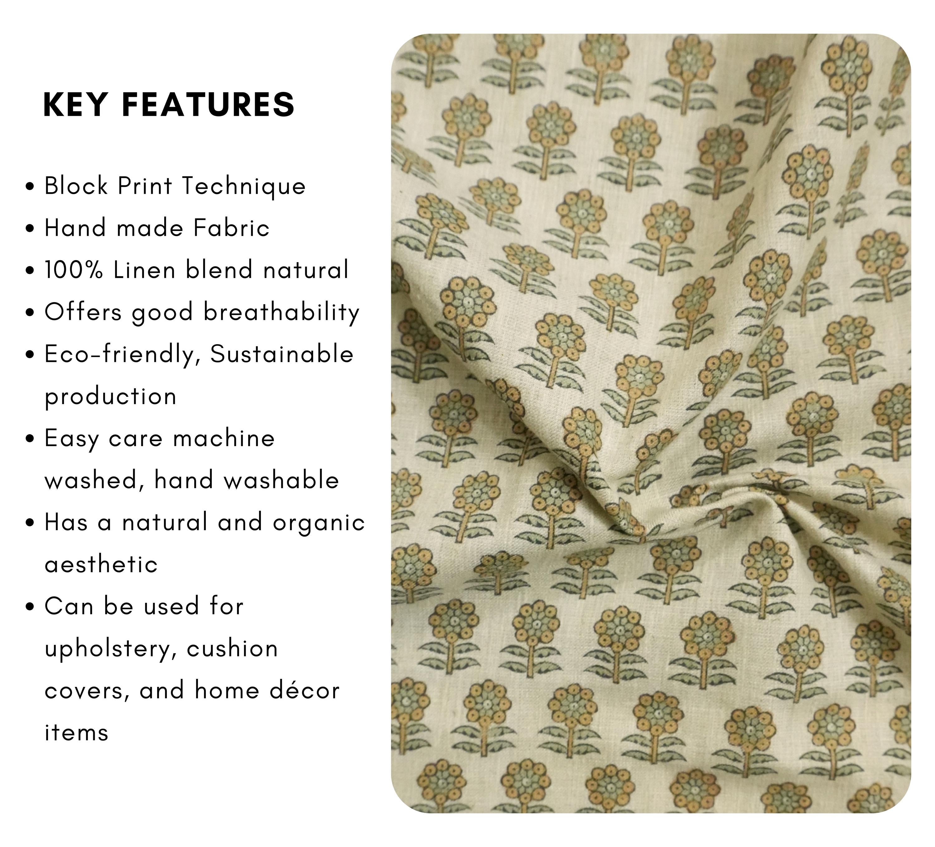 FLORAL BLOCK PRINT LINEN, HANDMADE PRINT, LINEN BLEND NATURAL, DESIGNER FABRIC - ANAMIKA