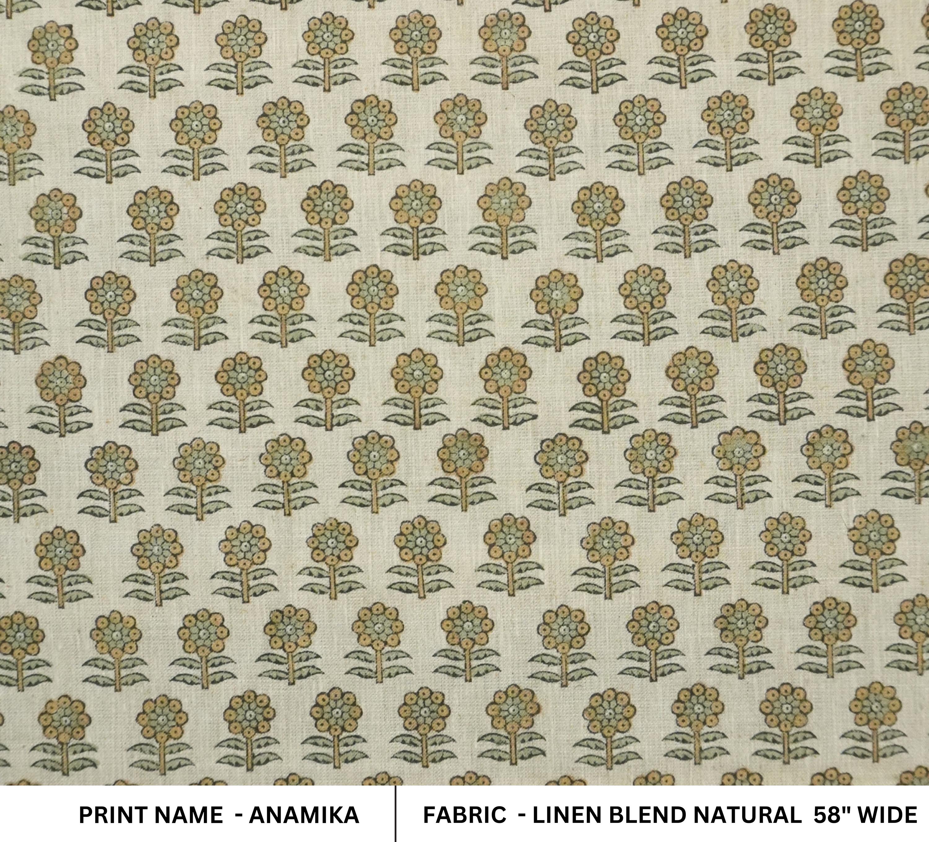 FLORAL BLOCK PRINT LINEN, HANDMADE PRINT, LINEN BLEND NATURAL, DESIGNER FABRIC - ANAMIKA