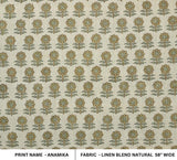Handmade Green Floral Block Printed Linen Blend Natural Designer Fabric for Home Decor - Anamika