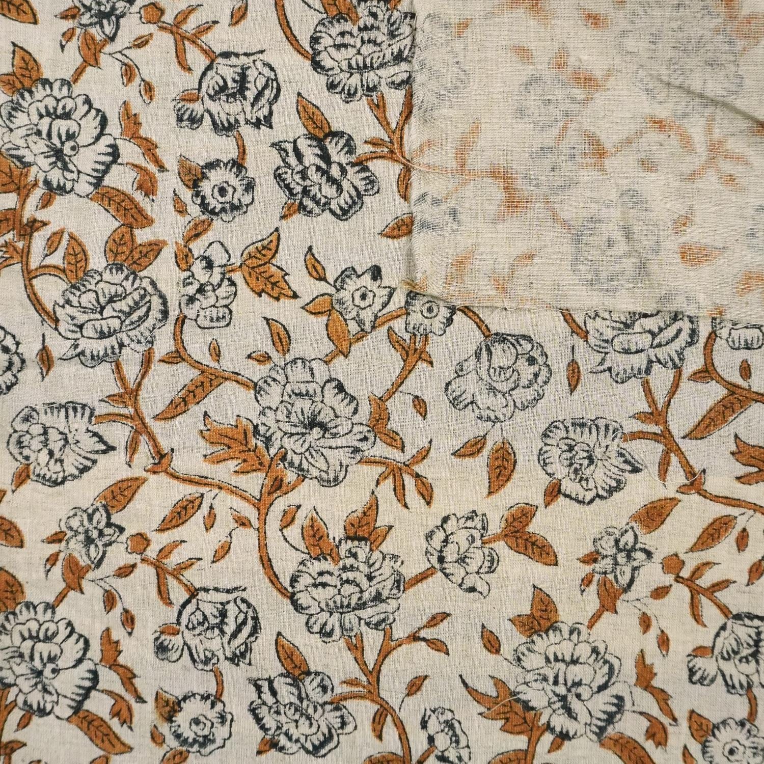 HAND BLOCK PRINT, COTTON LINEN FLORAL PRINTED FABRIC, LINEN BEDDING AND DRAPERY FABRIC  - MRIGNAYANI