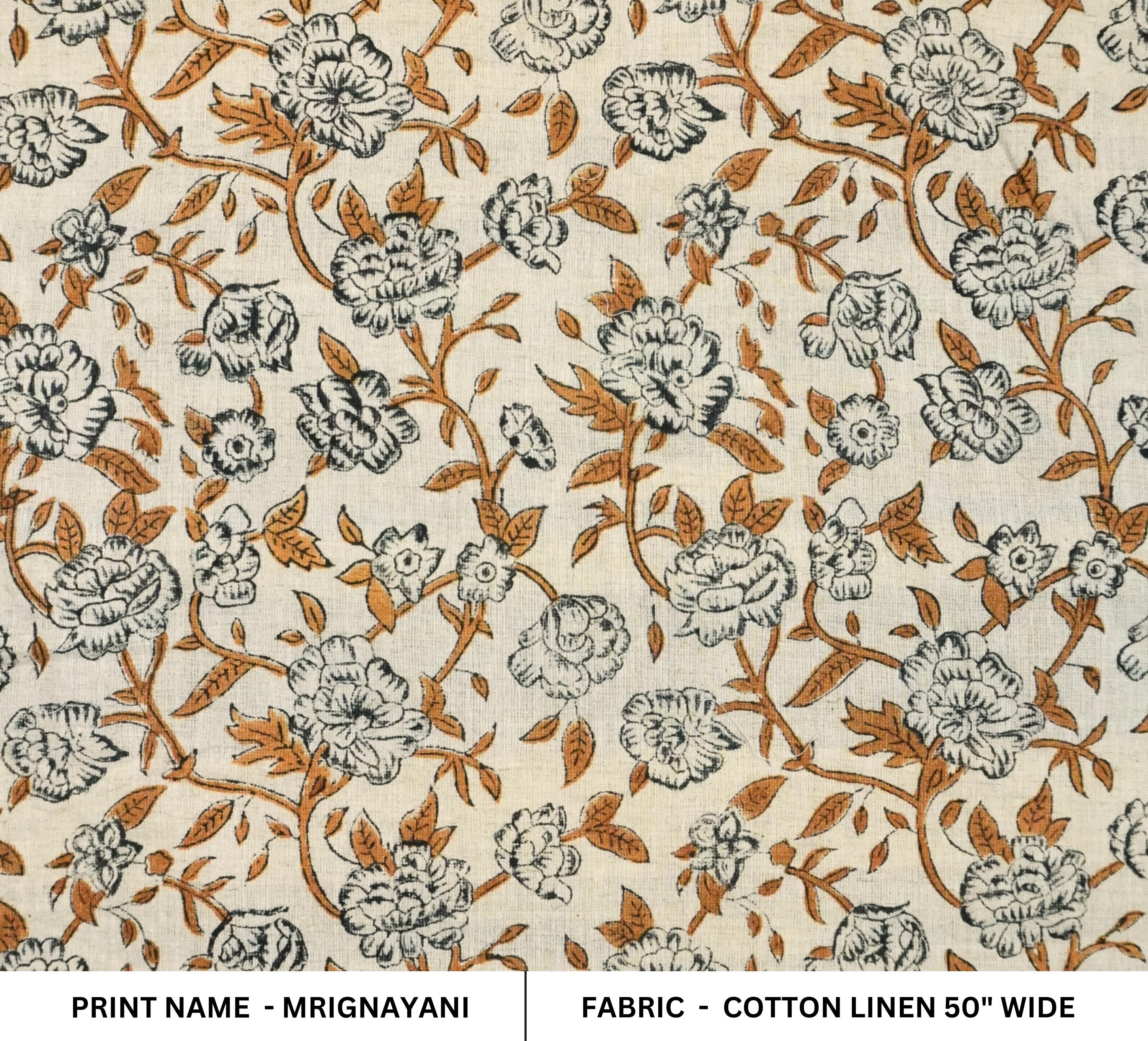 HAND BLOCK PRINT, COTTON LINEN FLORAL PRINTED FABRIC, LINEN BEDDING AND DRAPERY FABRIC  - MRIGNAYANI