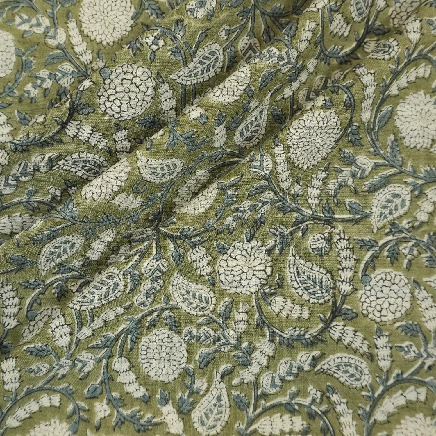 FLORAL HAND BLOCK PRINT, CUSHION LINEN, FABRIC FOR CURTAIN AND UPHOLSTERY, HOME DECOR - GOPI