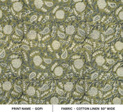 FLORAL HAND BLOCK PRINT, CUSHION LINEN, FABRIC FOR CURTAIN AND UPHOLSTERY, HOME DECOR - GOPI