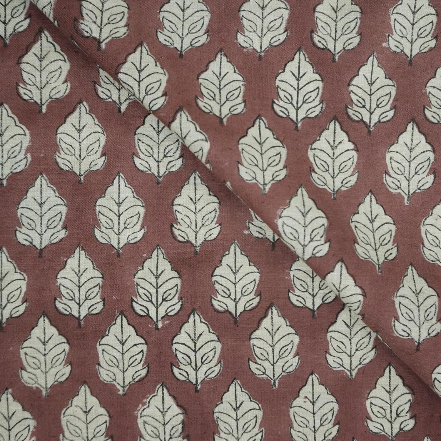 FLORAL HAND BLOCK PRINTED FABRIC – MAYUR BROWN & SILVER FOIL ON LINEN BLEND FOR ELEGANT FARMHOUSE