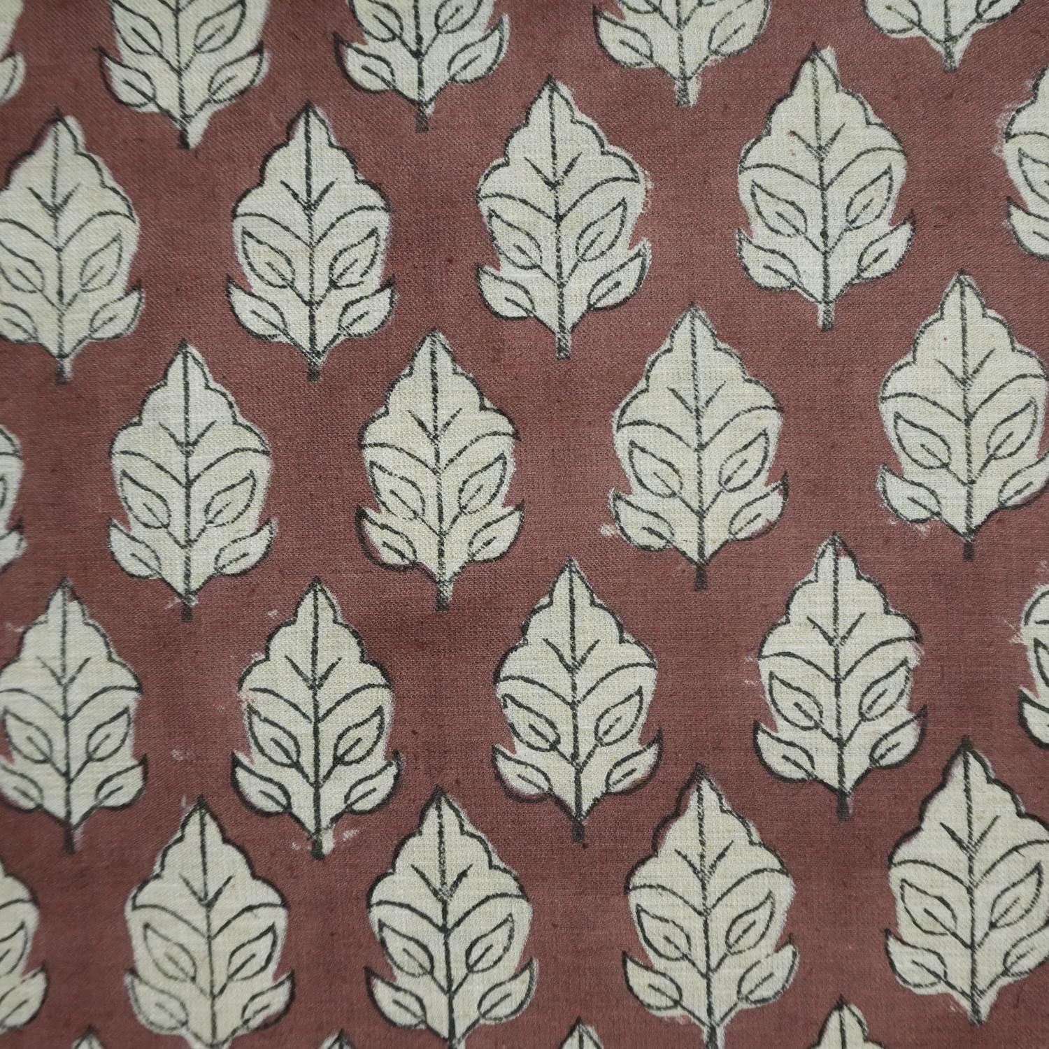 FLORAL HAND BLOCK PRINTED FABRIC – MAYUR BROWN & SILVER FOIL ON LINEN BLEND FOR ELEGANT FARMHOUSE