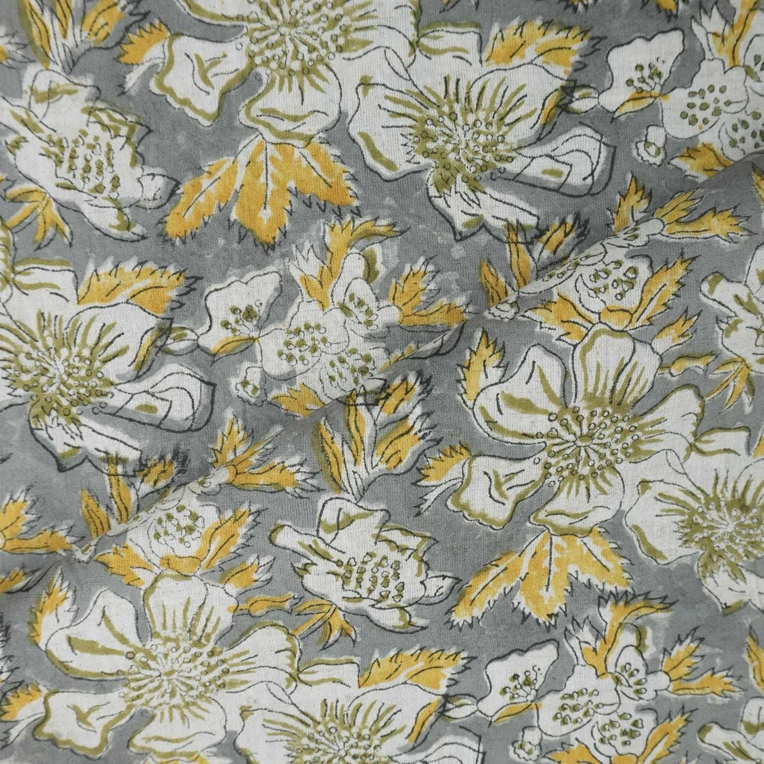 VISCOSE LINEN 58" WIDE, HAND BLOCK PRINT LINEN, INDIAN FLORAL FABRIC, LINEN BY THE YARD - PAPAYA LEAF