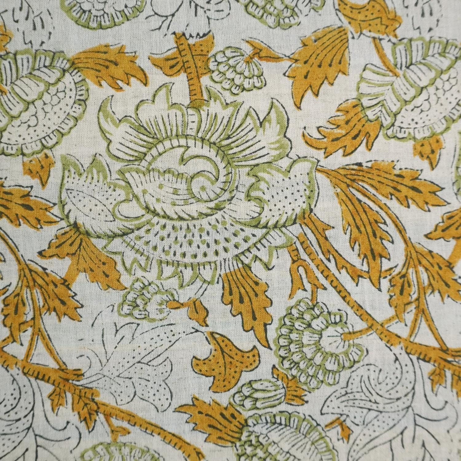 FLORAL BLOCK PRINT LINEN FABRIC FOR CURTAIN, BEDDING, CUSHION AND UPHOLSTERY - AKASH GANGA