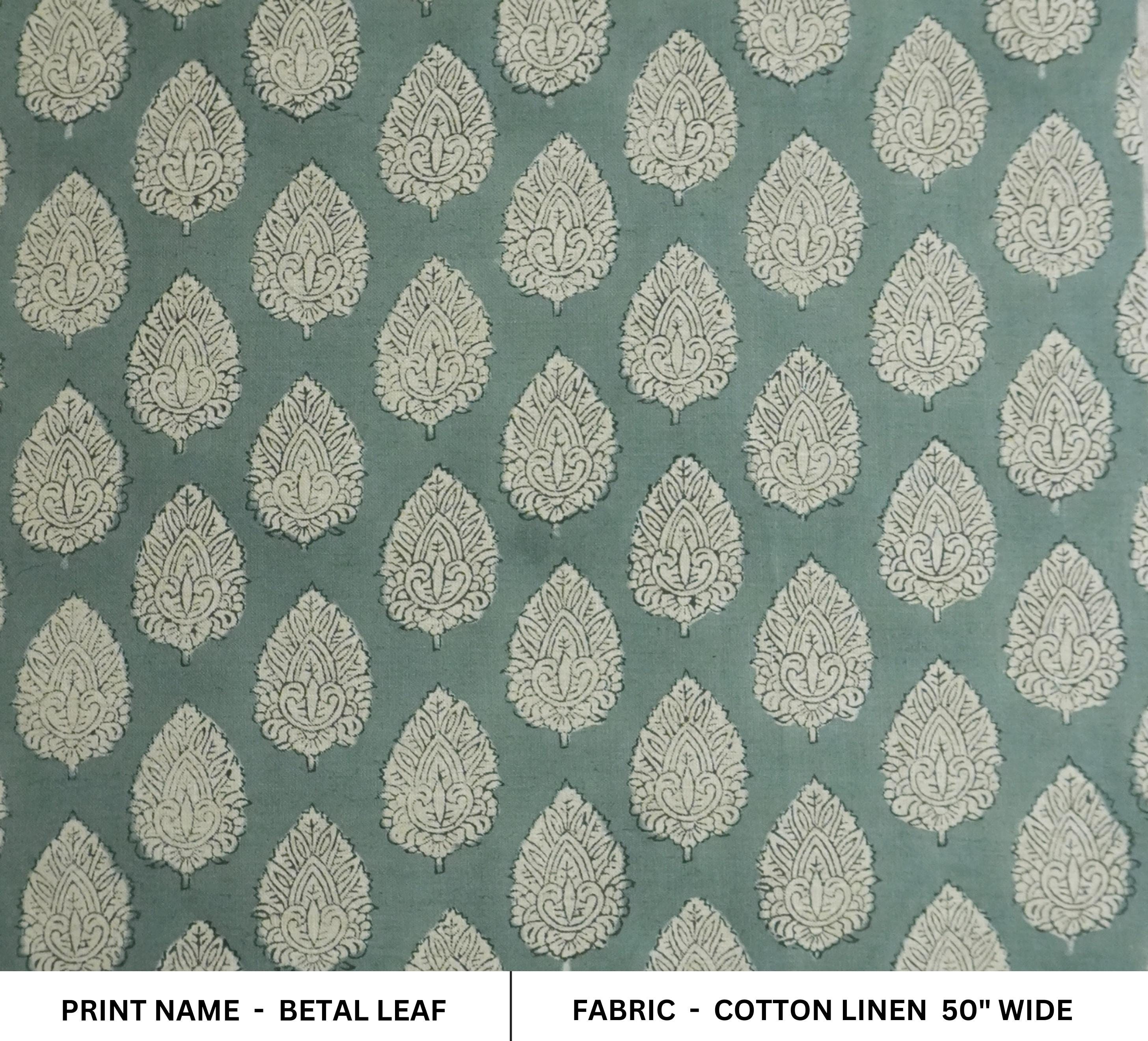 BLOCK PRINT CURTAIN FABRIC, COTTON LINEN 50" WIDE, BOHO FLORAL CUSHION AND TABLECLOTH - BETAL LEAF