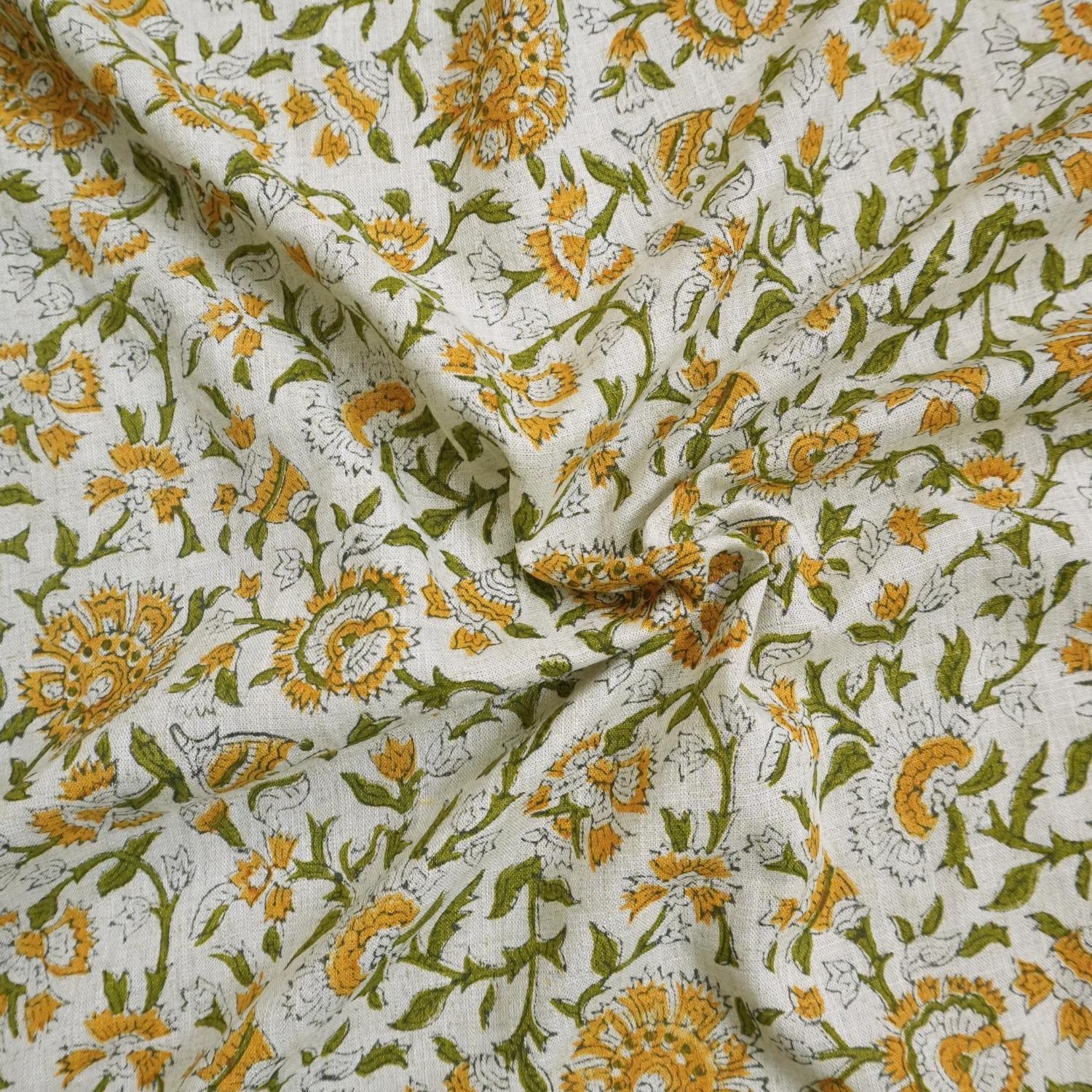 VISCOSE LINEN 58" WIDE, HAND BLOCK PRINT, FLORAL DECORATIVE YELLOW FABRIC, HANDMADE ART - PUSHPLATA