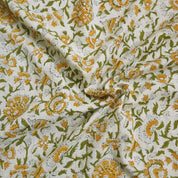 VISCOSE LINEN 58" WIDE, HAND BLOCK PRINT, FLORAL DECORATIVE YELLOW FABRIC, HANDMADE ART - PUSHPLATA