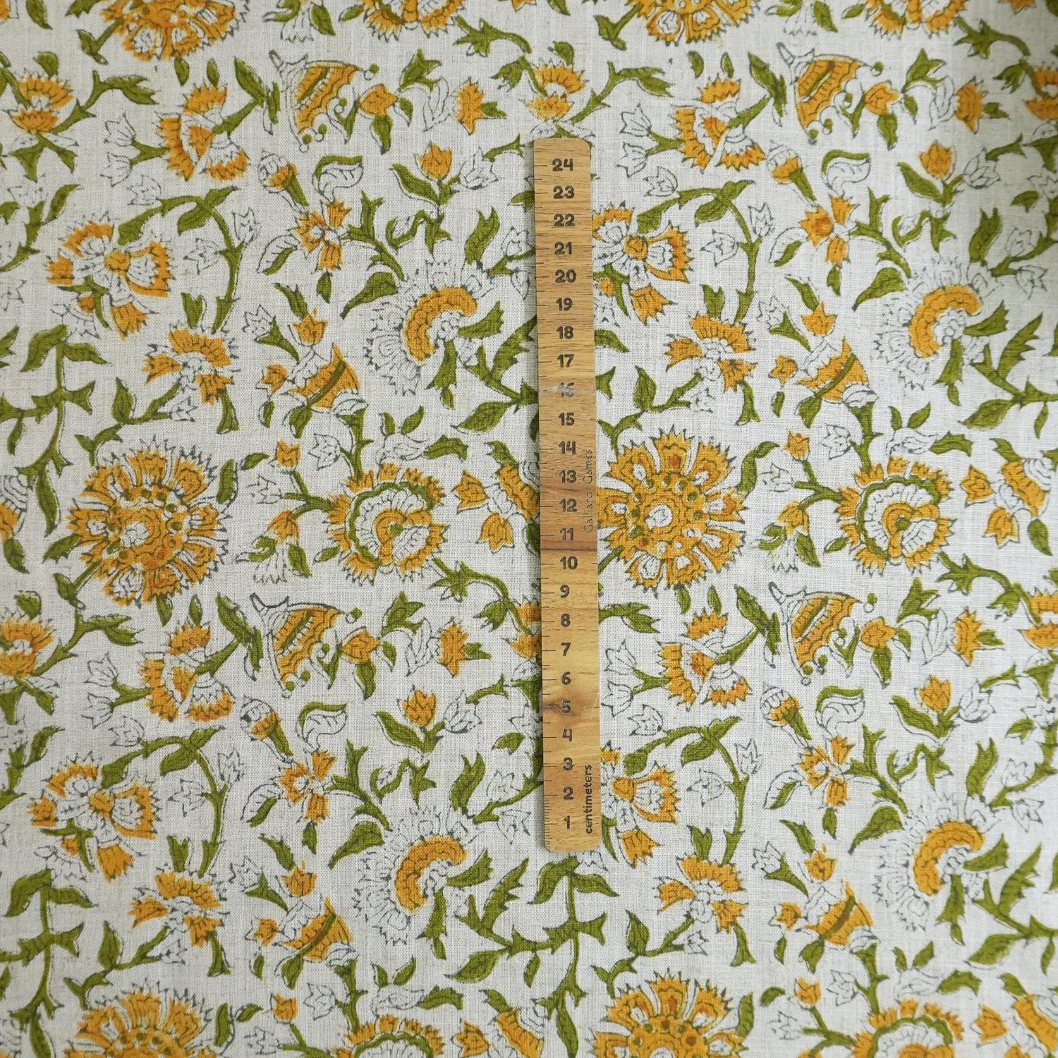 VISCOSE LINEN 58" WIDE, HAND BLOCK PRINT, FLORAL DECORATIVE YELLOW FABRIC, HANDMADE ART - PUSHPLATA