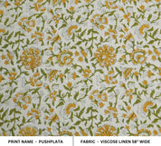 VISCOSE LINEN 58" WIDE, HAND BLOCK PRINT, FLORAL DECORATIVE YELLOW FABRIC, HANDMADE ART - PUSHPLATA