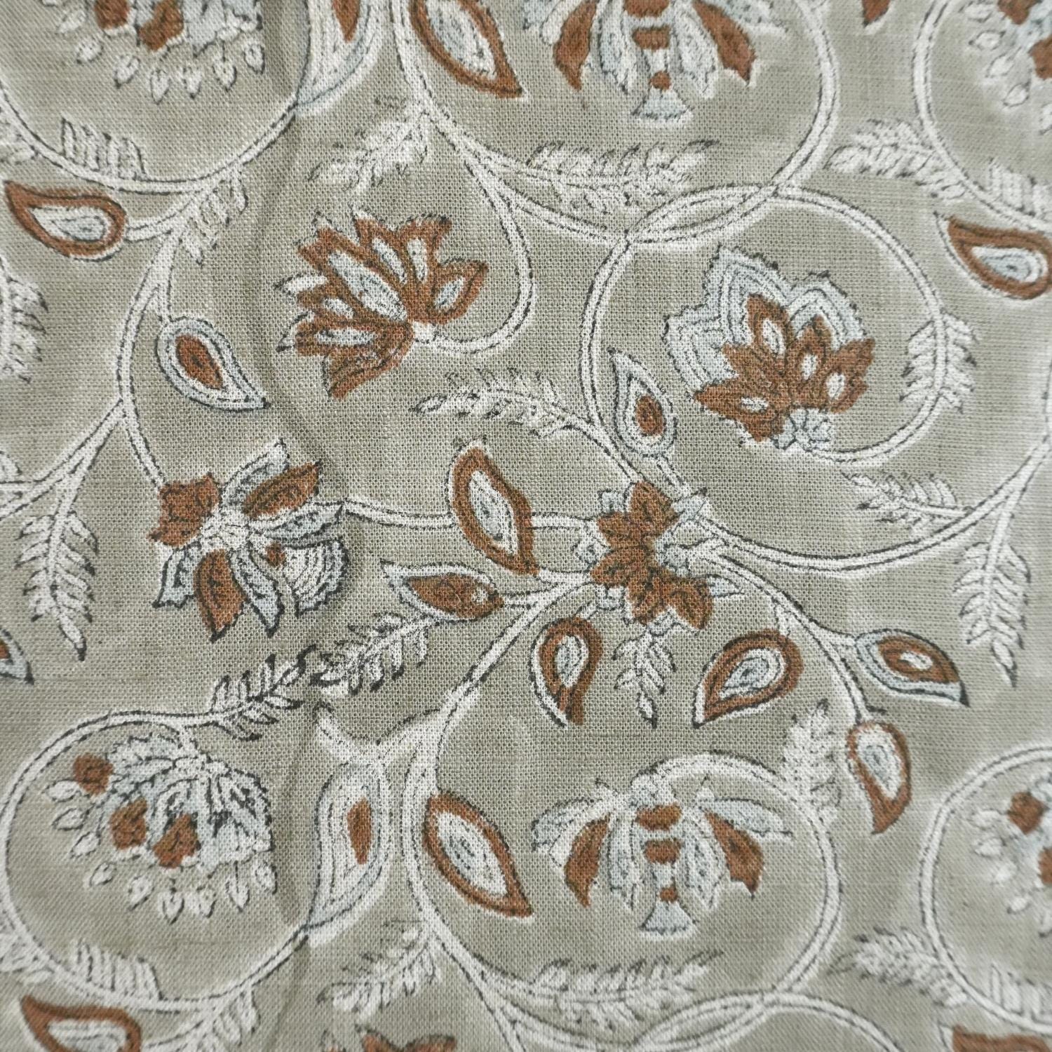 BLOCK PRINT FLORAL HANDMADE LINEN, GRAY LINEN FABRIC, INDIAN UPHOLSTERY FABRIC - SARASWATI