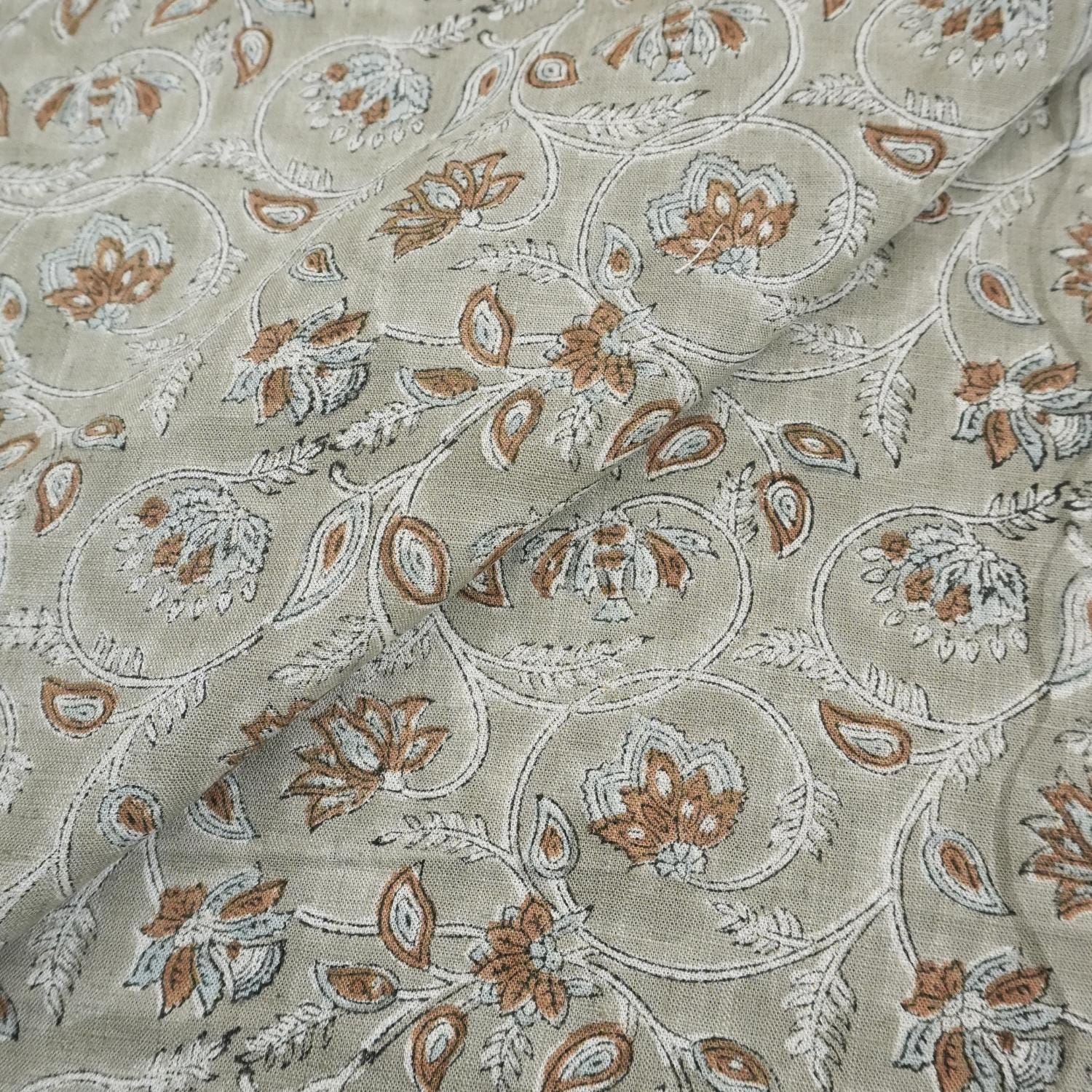 BLOCK PRINT FLORAL HANDMADE LINEN, GRAY LINEN FABRIC, INDIAN UPHOLSTERY FABRIC - SARASWATI