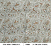 BLOCK PRINT FLORAL HANDMADE LINEN, GRAY LINEN FABRIC, INDIAN UPHOLSTERY FABRIC - SARASWATI