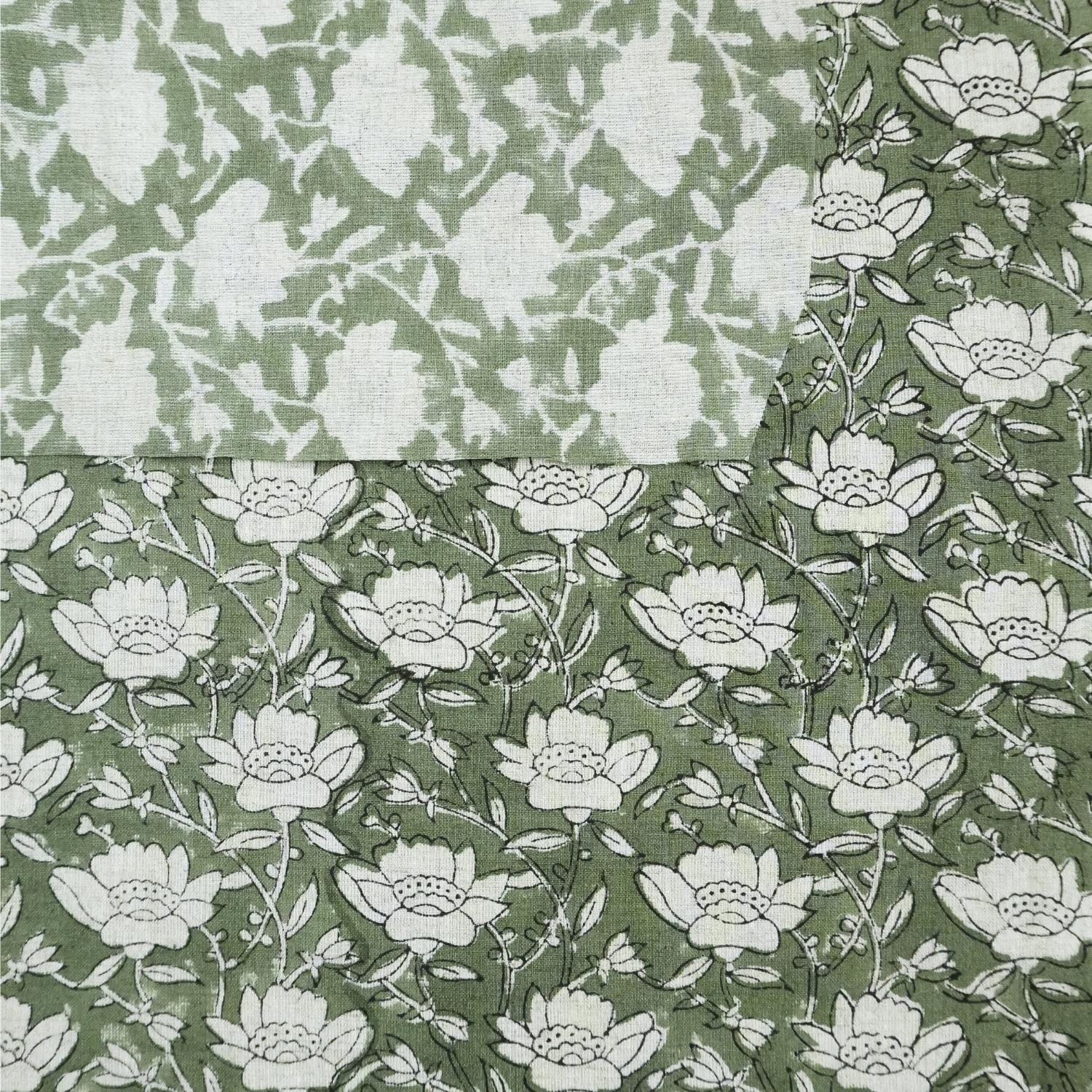 COTTON LINEN GREEN FLORAL BLOCK PRINT, LINEN CLOTHING, HANDMADE FABRIC, INDIAN TEXTILE  - DHRUV