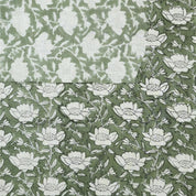 COTTON LINEN GREEN FLORAL BLOCK PRINT, LINEN CLOTHING, HANDMADE FABRIC, INDIAN TEXTILE  - DHRUV