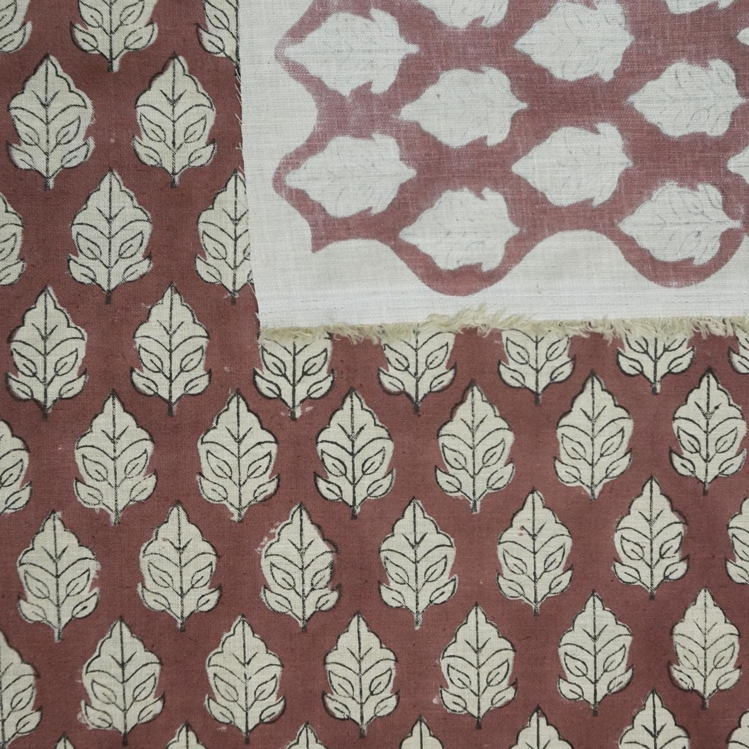 FLORAL HAND BLOCK PRINTED FABRIC – MAYUR BROWN & SILVER FOIL ON LINEN BLEND FOR ELEGANT FARMHOUSE