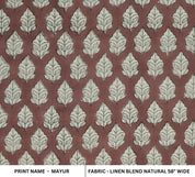 FLORAL HAND BLOCK PRINTED FABRIC – MAYUR BROWN & SILVER FOIL ON LINEN BLEND FOR ELEGANT FARMHOUSE