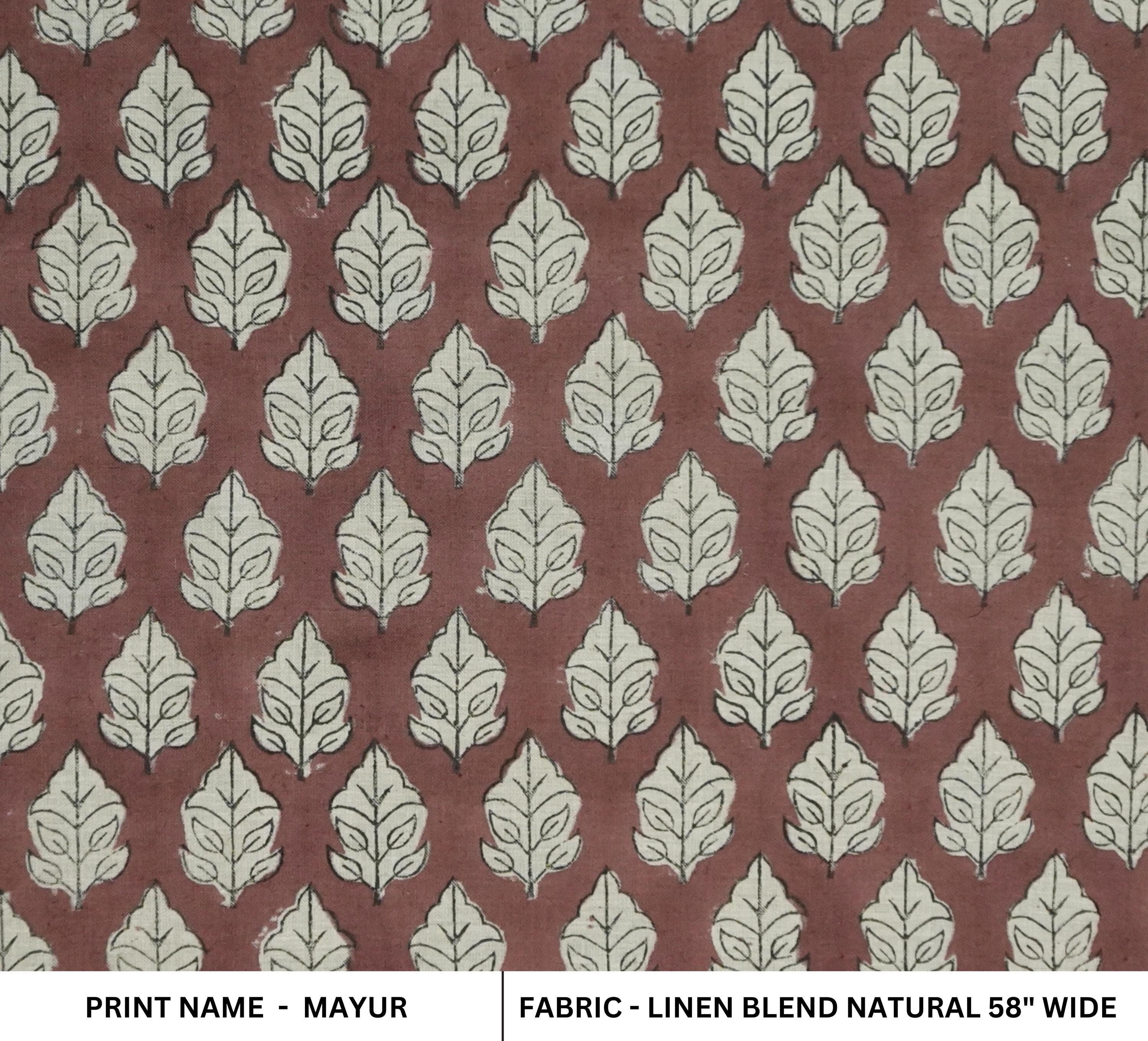 FLORAL HAND BLOCK PRINTED FABRIC – MAYUR BROWN & SILVER FOIL ON LINEN BLEND FOR ELEGANT FARMHOUSE