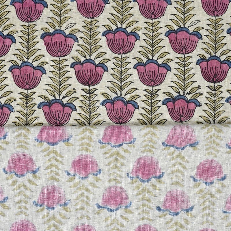 Handmade Block Print Pink & Green Linen Blend Fabric - Lotus Pink