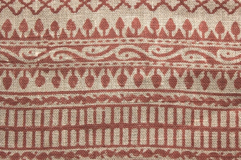 Handmade Block Print Red Floral Pure Linen Fabric - Kabutar Jaal Border