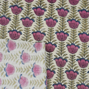Handmade Block Print Pink & Green Linen Blend Fabric - Lotus Pink