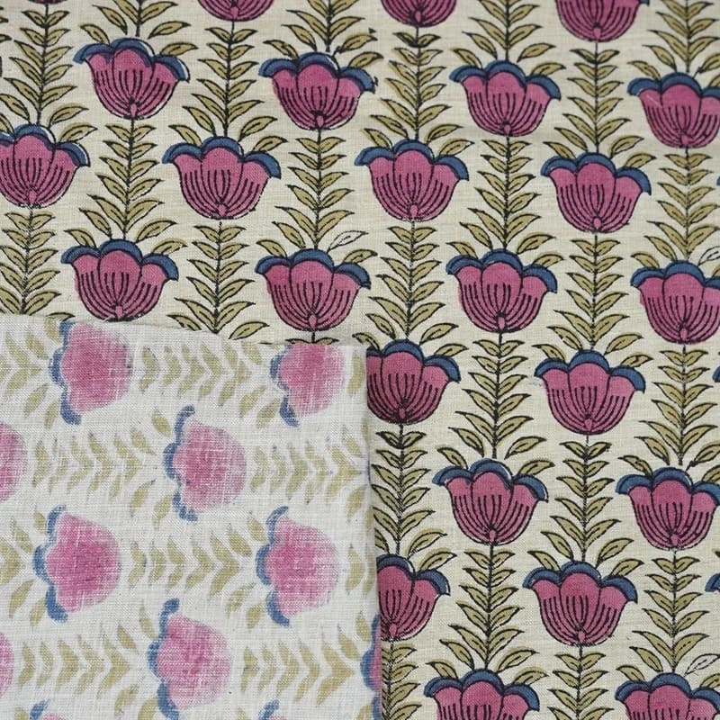 Handmade Block Print Pink & Green Linen Blend Fabric - Lotus Pink