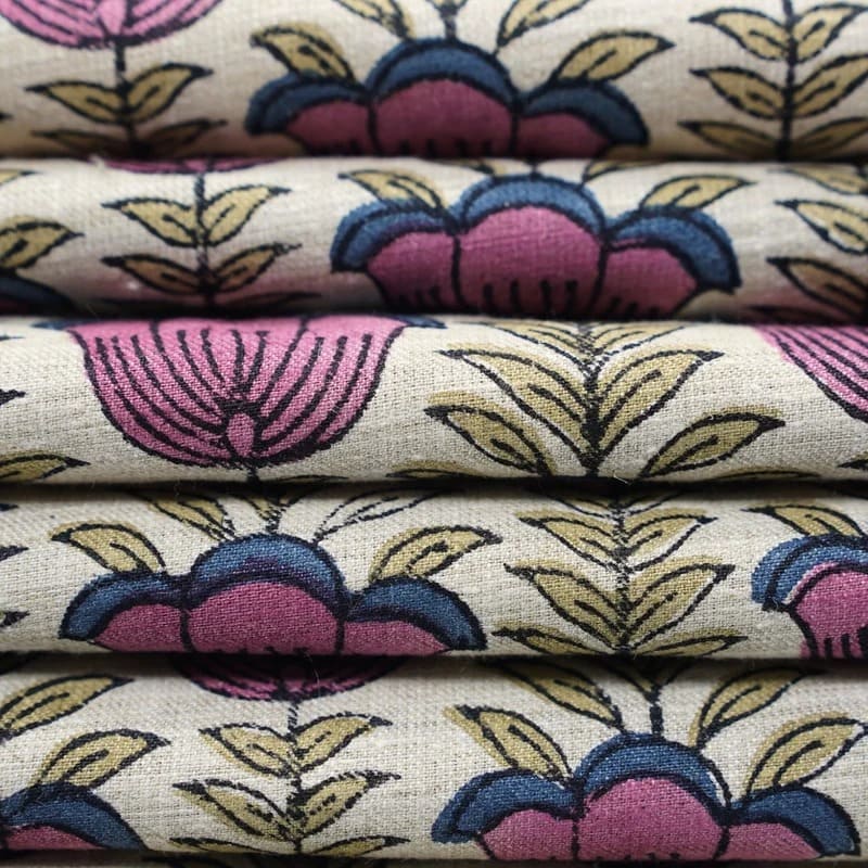Handmade Block Print Pink & Green Linen Blend Fabric - Lotus Pink
