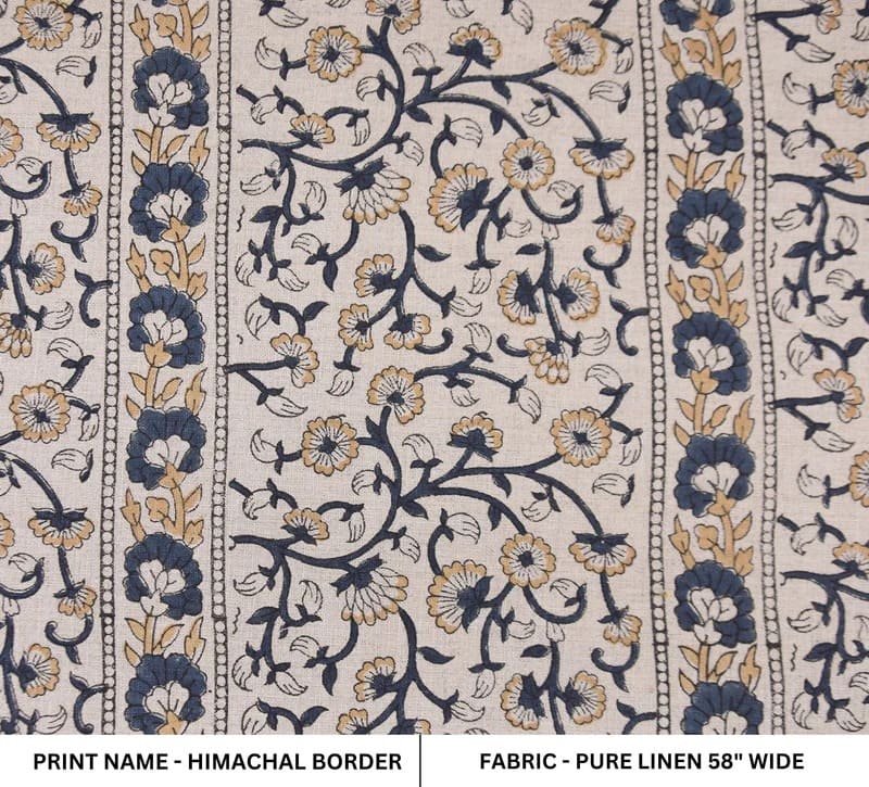 Block Print Navy Blue Floral Linen Fabric Couch Sofa - Himachal