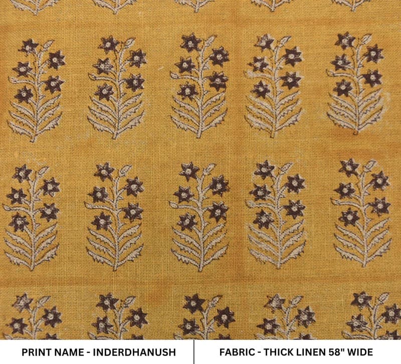 Block Printed Gold Leaves Heavy Linen Fabric - Inderdhanush