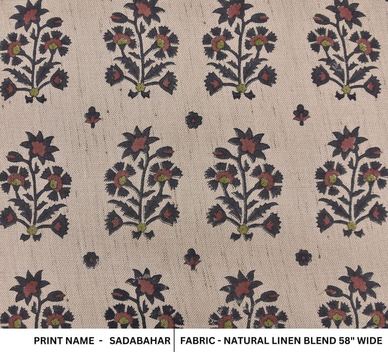 Indian Black & Brown Floral Print Linen Blend Fabric - Sadabahar