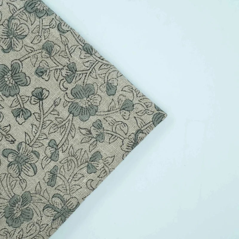 Premium Hand Block Print Green Thick linen Fabric - Saundarya