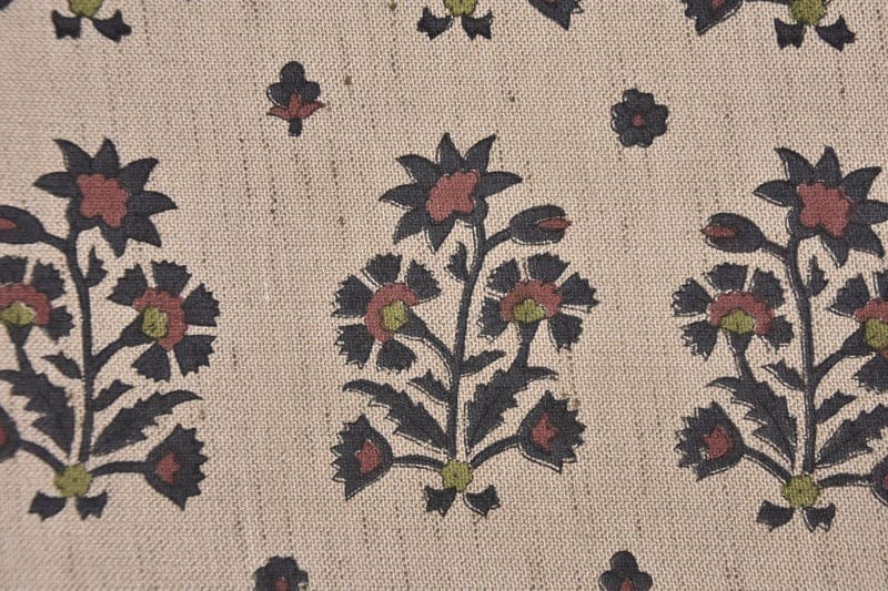Indian Black & Brown Floral Print Linen Blend Fabric - Sadabahar
