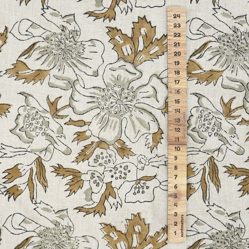 Handmade Brown Floral Pure Linen Fabric - Papaya Leaf