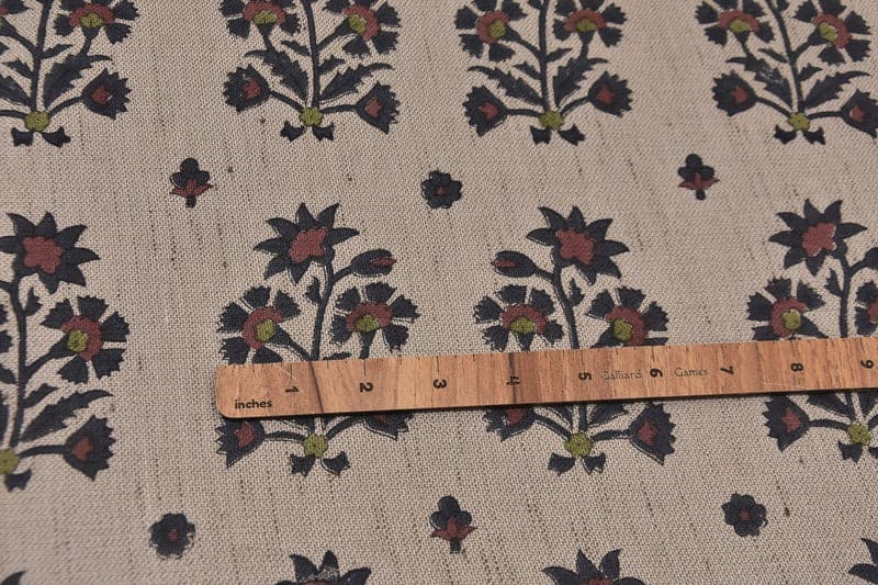 Indian Black & Brown Floral Print Linen Blend Fabric - Sadabahar
