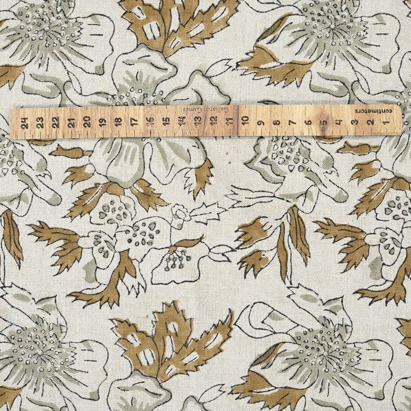 Handmade Brown Floral Pure Linen Fabric - Papaya Leaf