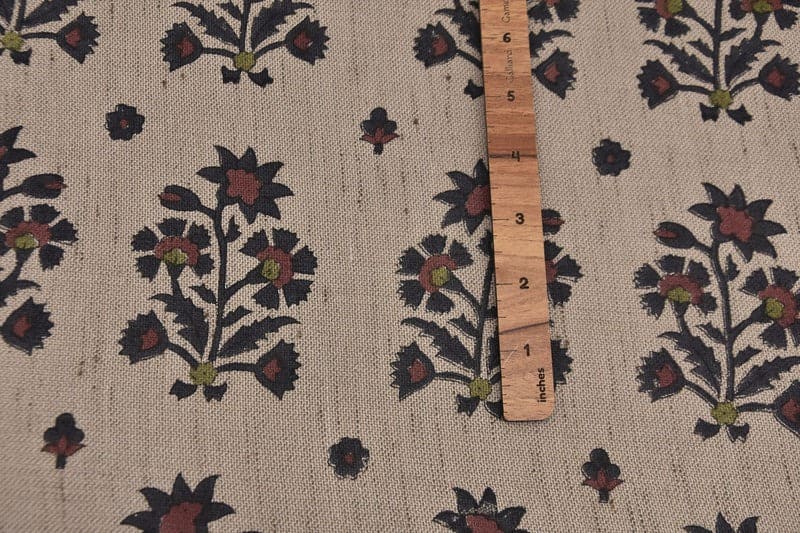 Indian Black & Brown Floral Print Linen Blend Fabric - Sadabahar