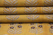 Block Printed Gold Leaves Heavy Linen Fabric - Inderdhanush