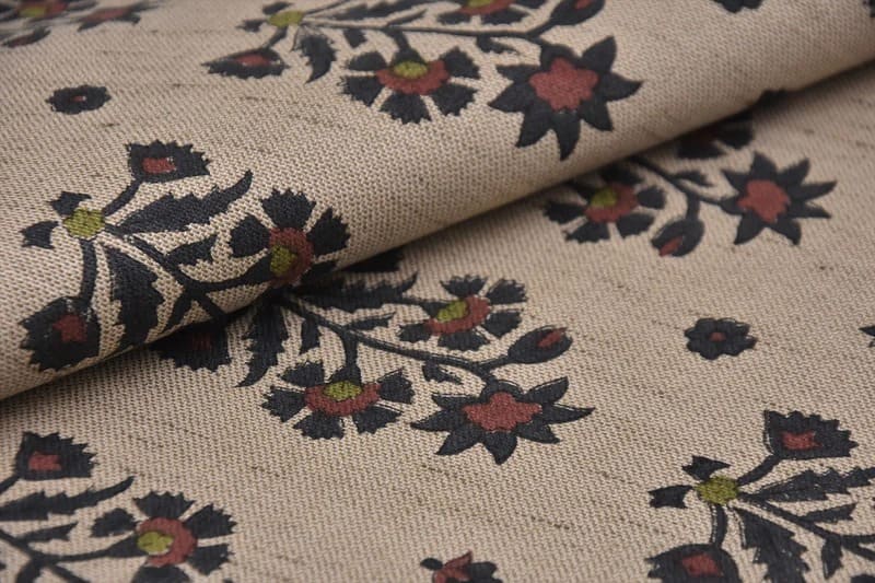 Indian Black & Brown Floral Print Linen Blend Fabric - Sadabahar