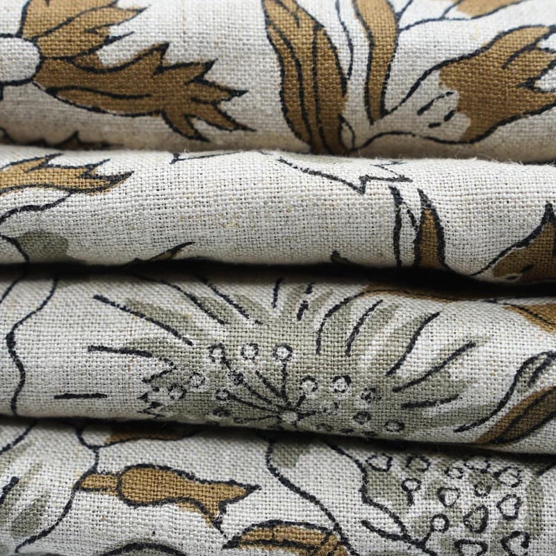 Handmade Brown Floral Pure Linen Fabric - Papaya Leaf