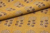 Block Printed Gold Leaves Heavy Linen Fabric - Inderdhanush