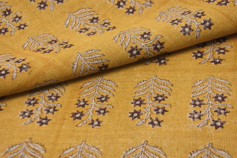 Block Printed Gold Leaves Heavy Linen Fabric - Inderdhanush