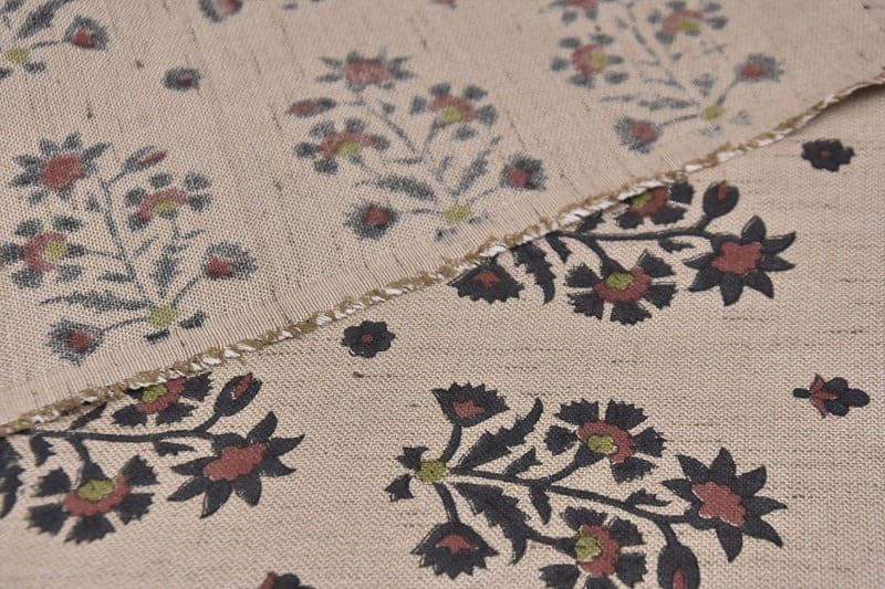 Indian Black & Brown Floral Print Linen Blend Fabric - Sadabahar